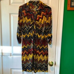Missoni-Inspired Zigzag Button-Front Shirt Dress in Yellow, Black & Red m